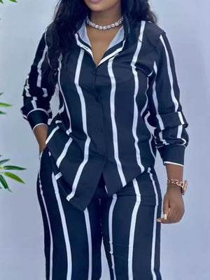 Striped Button-Down Shirt And Wide-Leg Pants Set in Dark Blue