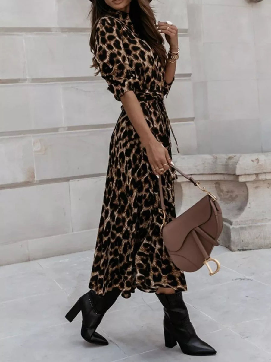 Leopard Print Button-down Midi Dress With Belt option 9