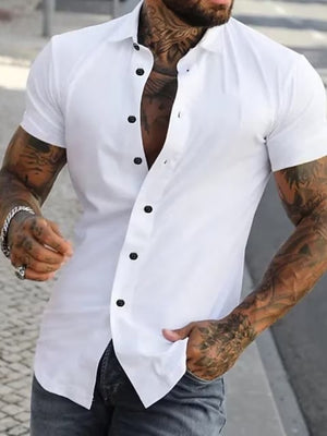 Men's white slim fit short sleeve button-down shirt with black buttons.