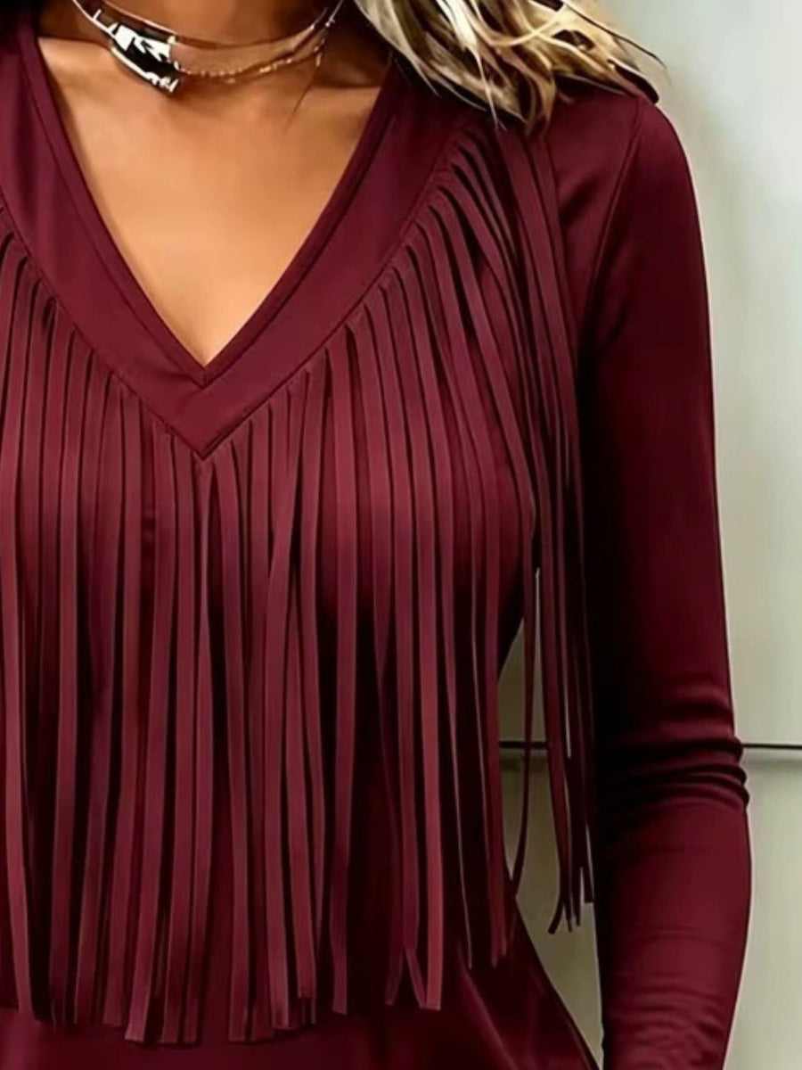 Fringe V-Neck Long Sleeve T-Shirt in White with fringe