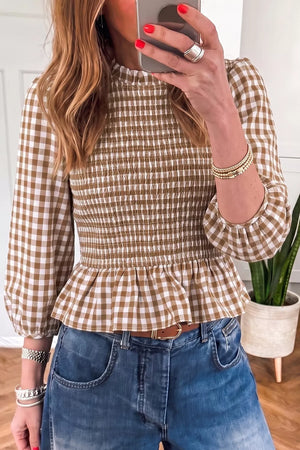 brown blouse with gingham and mock neck