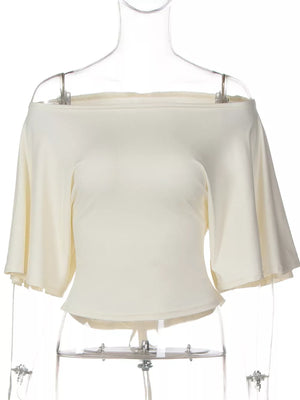 Apricot draped tie-front short sleeve maternity t-shirt with off-the-shoulder neckline.