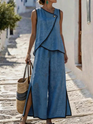 Contrast Trim Top And Slit Pants Set in Earthy Yellow