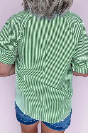 Striped Collared Split Neck Half Sleeve Blouse in this colorway
