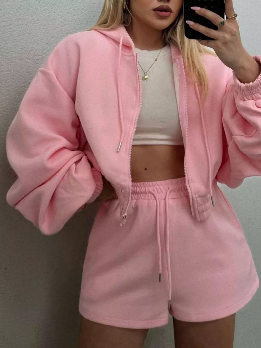 Zip Up Drawstring Outerwear And Shorts Set in Pink