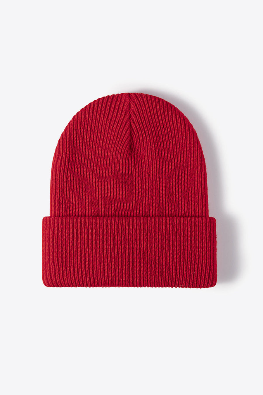 Red ribbed knit beanie with a cuffed brim