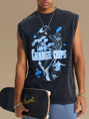 Black graphic sleeveless tee with vintage wash and blue neon-style print.