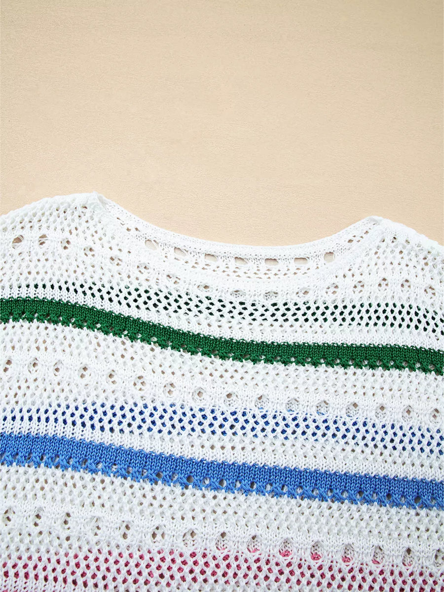Color Block Striped Pointelle Knit Sweater option 7
