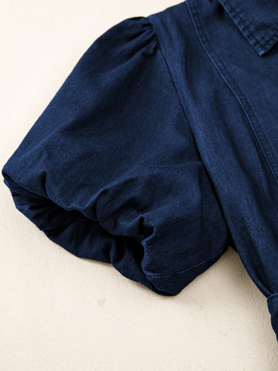 Denim midi dress with puff sleeves and button details