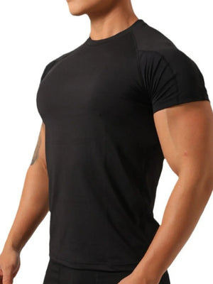 Black crew neck activewear t-shirt with short sleeves and a comfortable fit.