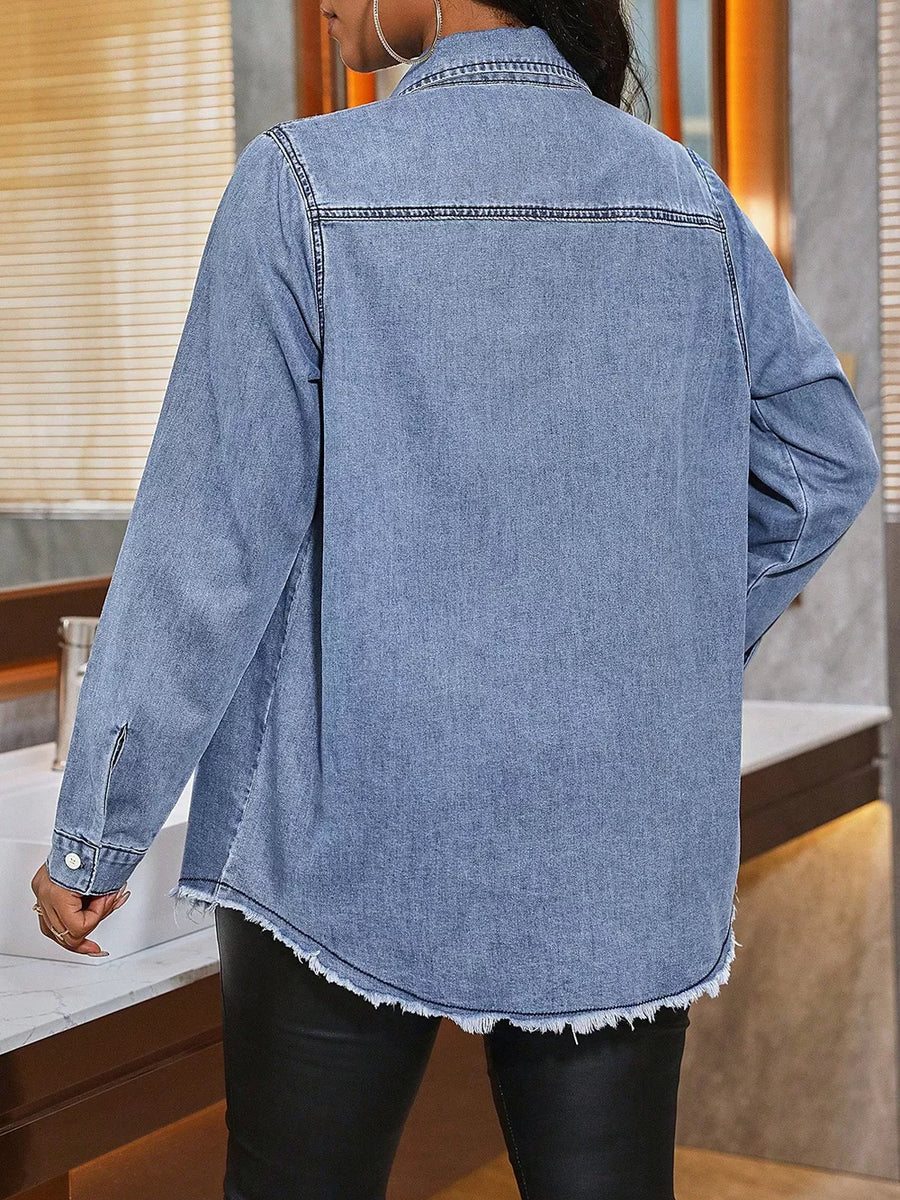 Raw Hem Button Up Denim Shirt option 5