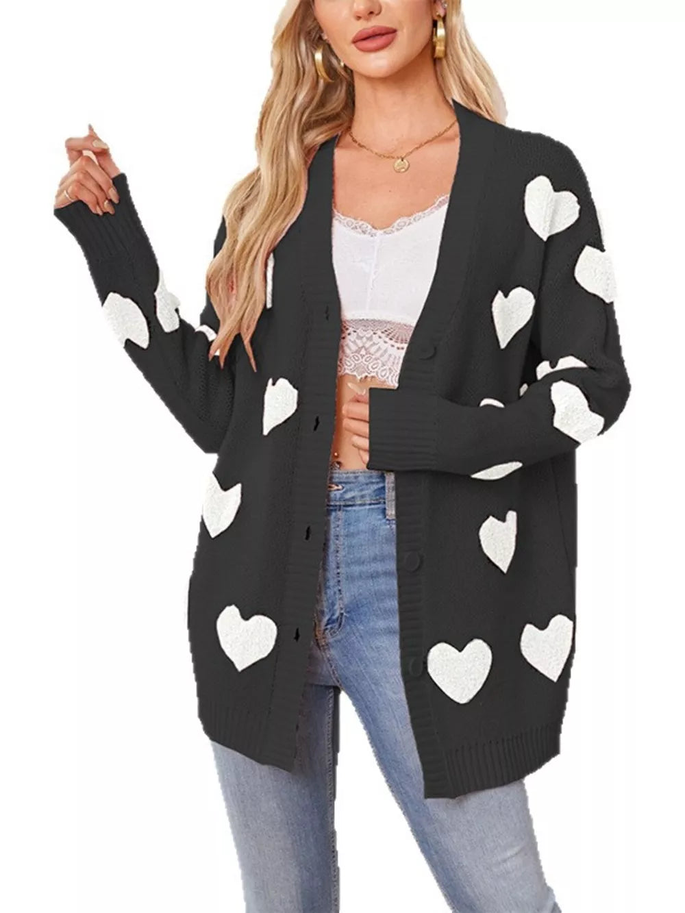 Heart Pattern V-neck Button-down Cardigan in Apricot with buttoned