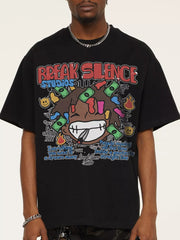 Black cotton blend graphic tee with bold "Break Silence Studios" print and cartoon character.
