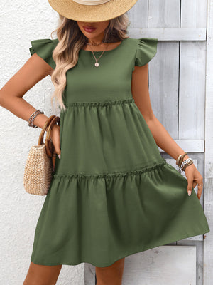 Army green ruffled cap sleeve mini dress with tiered skirt and round neckline.