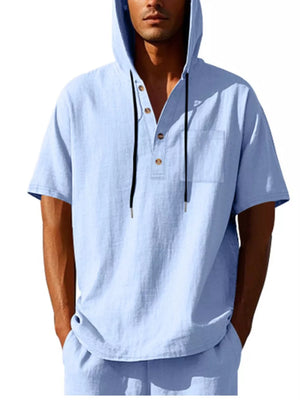Light blue short sleeve linen blend hoodie with button placket and chest pocket