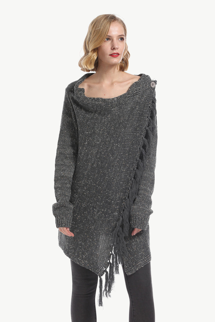 Asymmetric fringe knit cardigan in dark gray with a button detail and cowl neck.