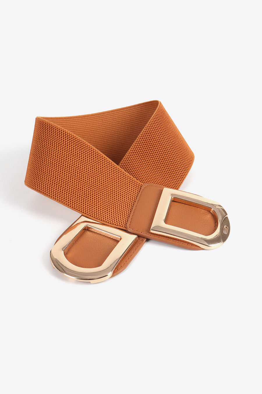 Caramel elastic belt with double gold buckles and faux leather trim