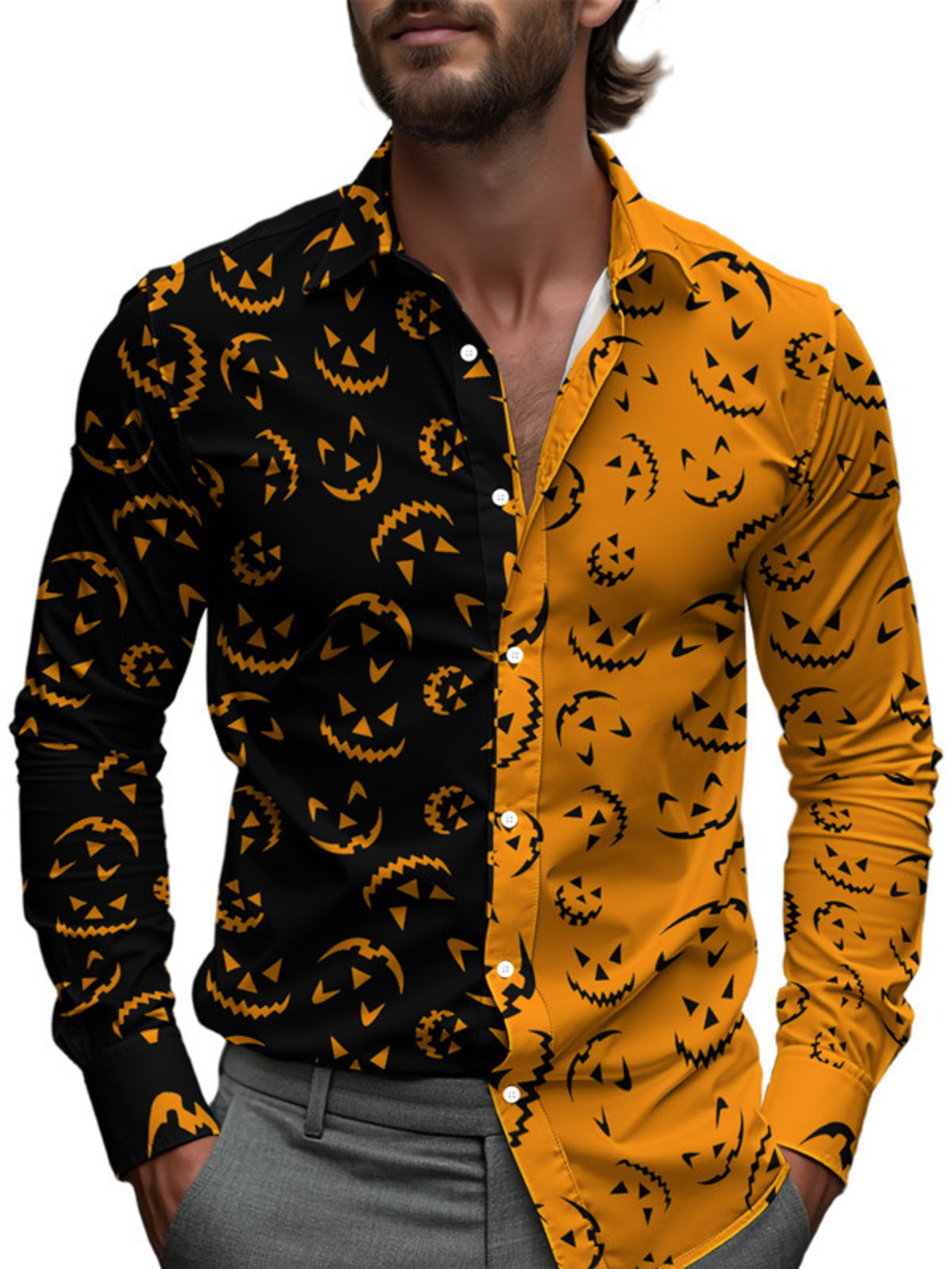 black button-down shirt with novelty print and collared