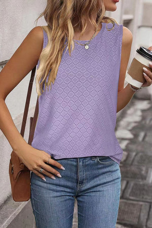 Textured lavender sleeveless scoop neck tank top with eyelet pattern
