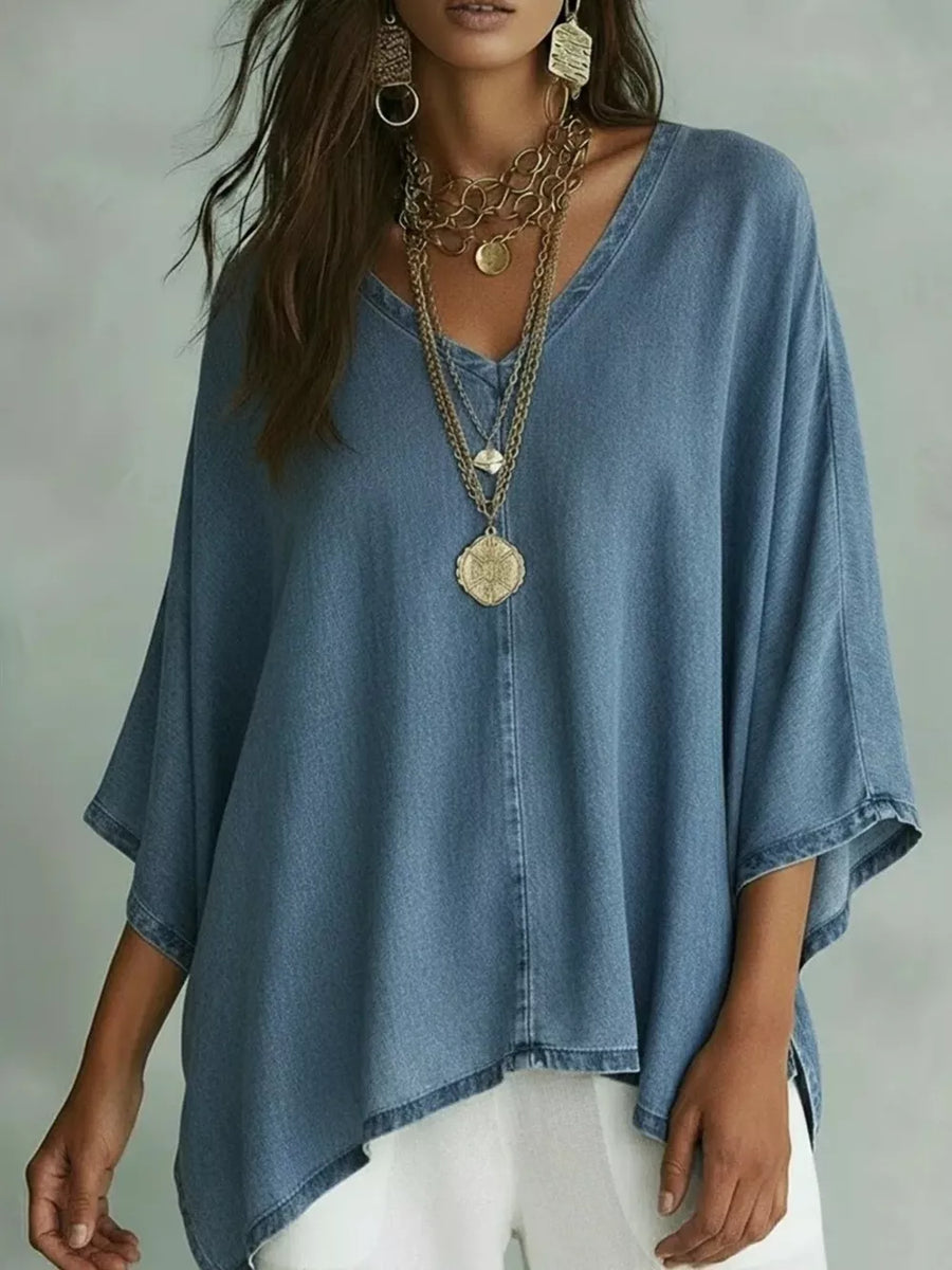 Camel V-neck Batwing Sleeve T-shirt