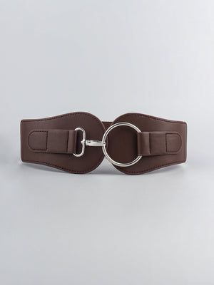Brown cincher belt with a silver ring buckle and elastic back for a cinched waist