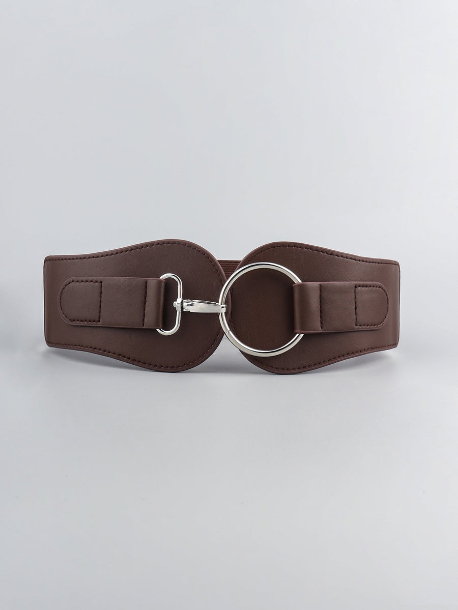Brown cincher belt with a silver ring buckle and elastic back for a cinched waist