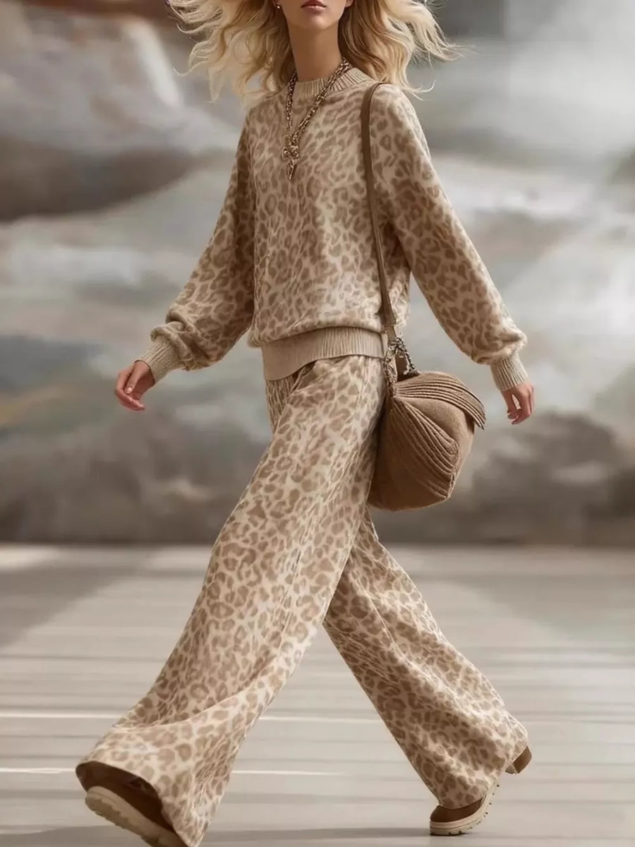 brown lounge set featuring pocketed and leopard-print