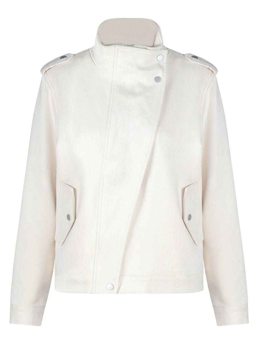 Ivory moto jacket with hip-length and zip-front