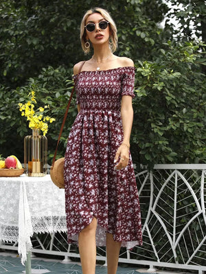 Burgundy floral off-shoulder midi dress with smocked bodice and high-low hem