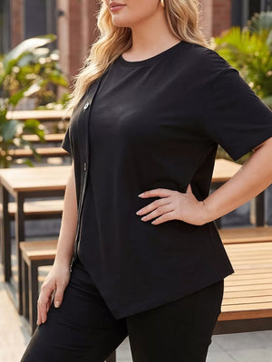 Black asymmetrical plus-size t-shirt with button accent and short sleeves.