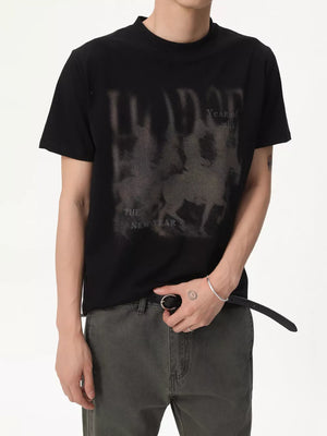 Black cotton blend graphic tee with vintage horse and text print
