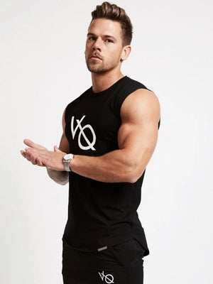 Black graphic muscle tank top with crew neck and sleeveless cut.