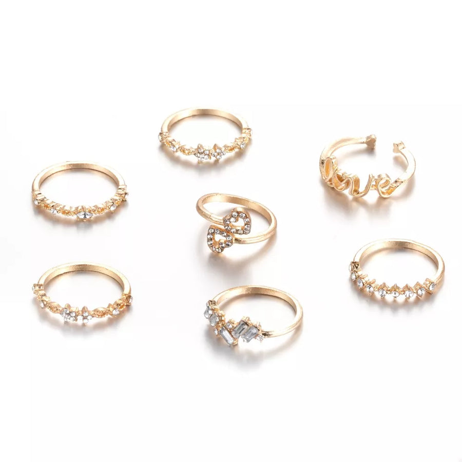 7 Piece 18k Gold-plated Love Zircon Ring Set in clear with 7-piece set