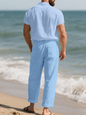 Men's Casual Button-up Shirt And Pants Set Plus Size in Black