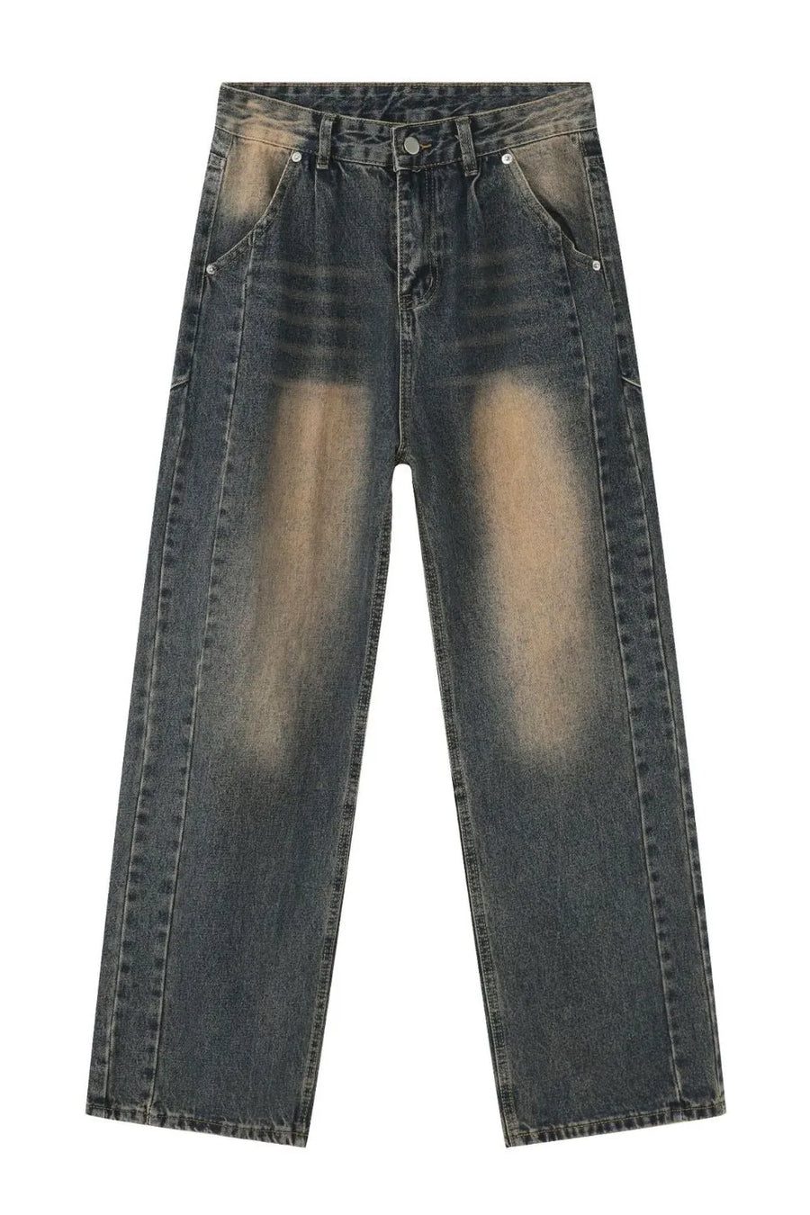 Baggy dark wash denim jeans with faded detailing and a relaxed fit.