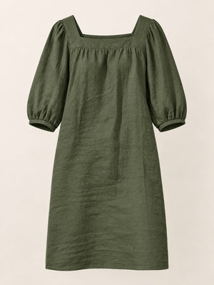 Square Neck Puff Sleeve Mini Dress in Orange with seam detail
