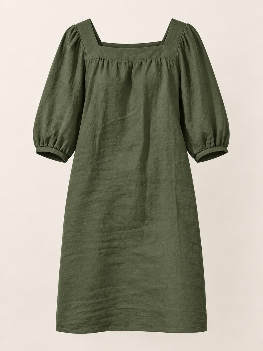 Square Neck Puff Sleeve Mini Dress in Orange with seam detail