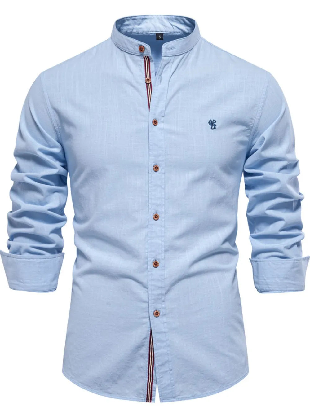 Light blue linen shirt with mandarin collar, button front, and embroidered detail.