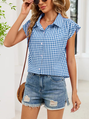 Plaid Button Up Cap Sleeve Shirt option 20