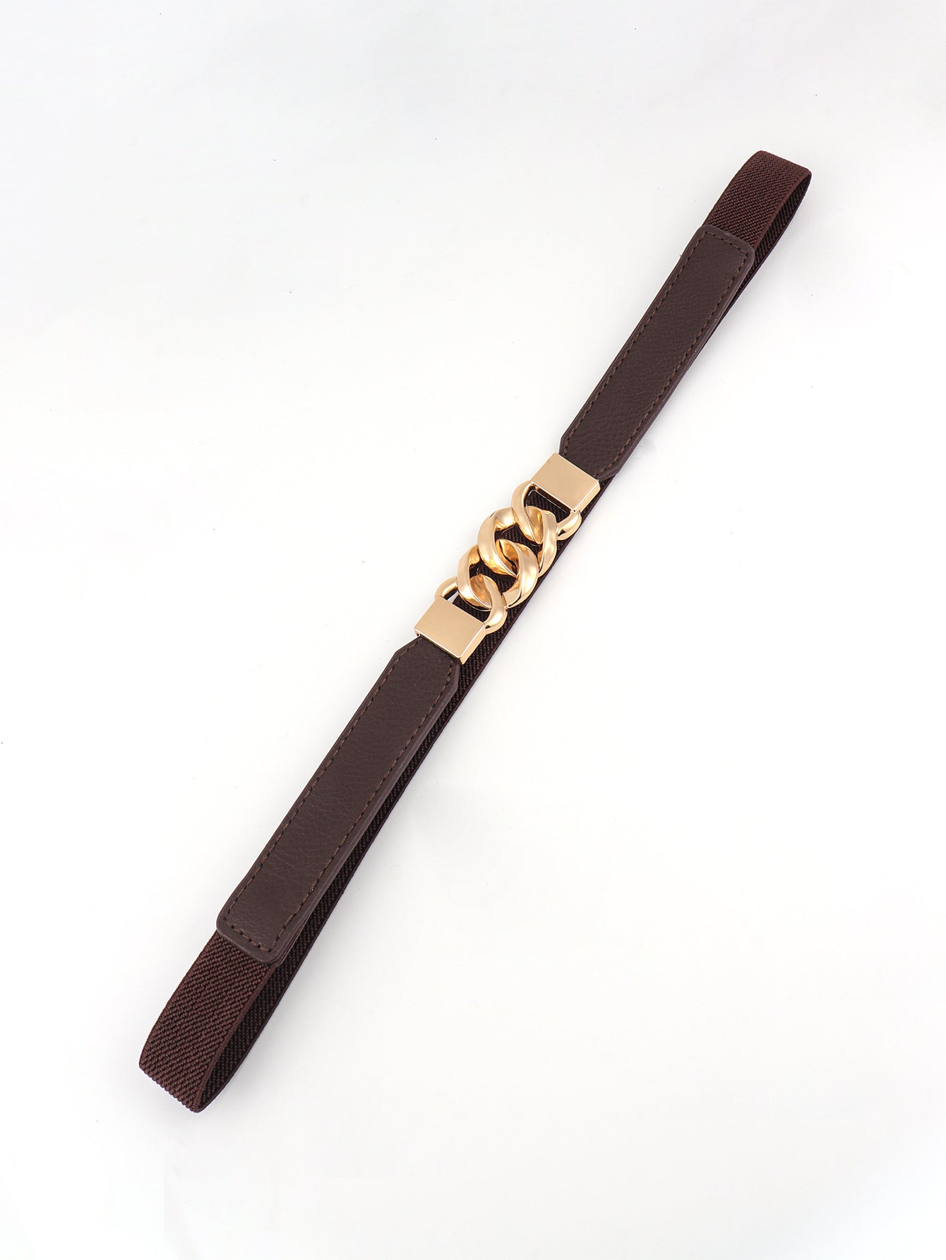 Chain detail faux leather elastic belt in chocolate with gold hardware.
