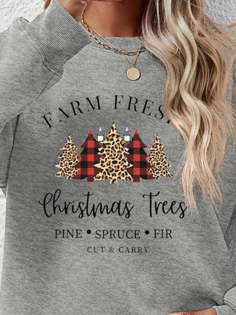 Christmas graphic crewneck sweatshirt in Misty Blue with buffalo plaid and leopard print trees.