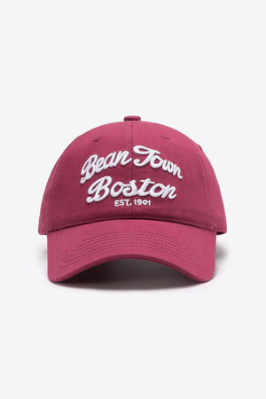 Deep Red baseball cap with white embroidered "Bean Town Boston EST. 1901" text