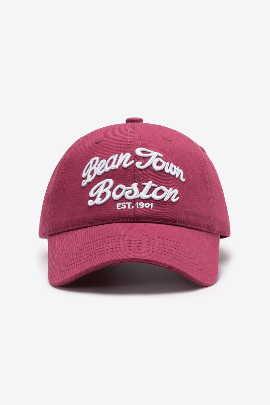 Deep Red baseball cap with white embroidered "Bean Town Boston EST. 1901" text