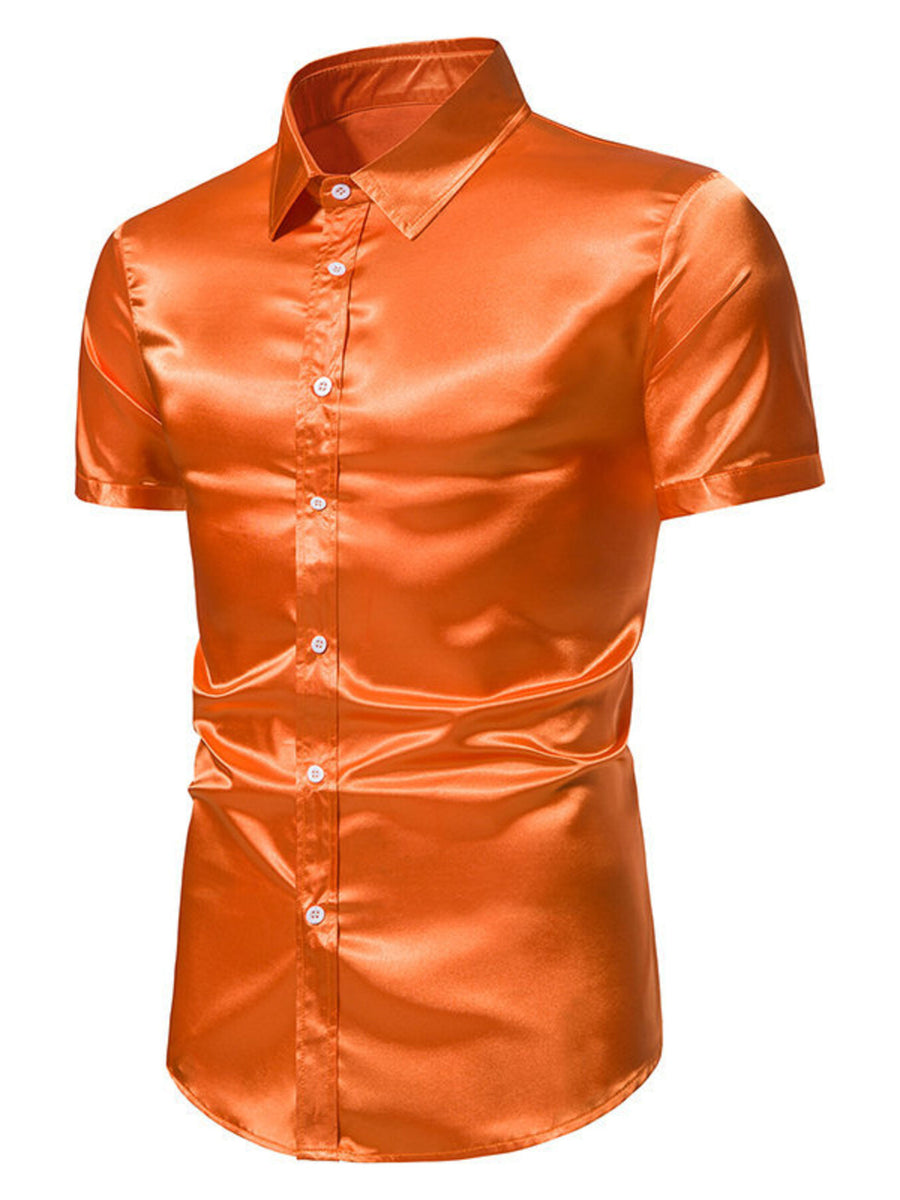 Men's orange red satin finish button-up short sleeve shirt