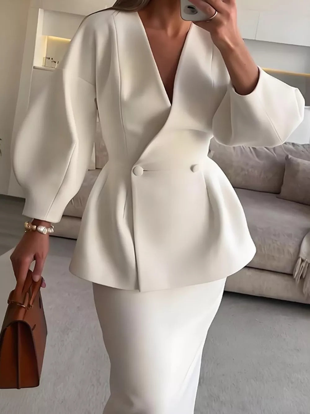 Milky White blazer with hip-length and button-front