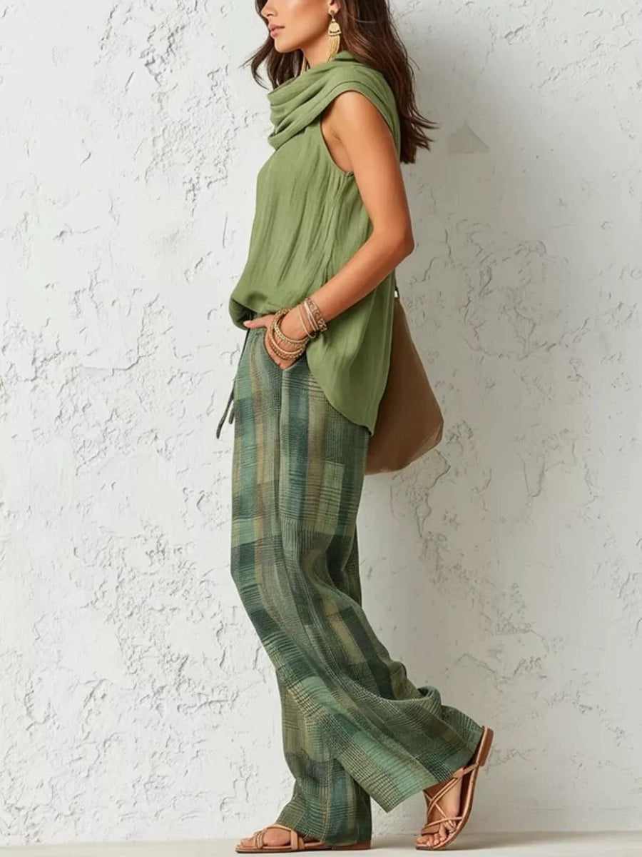 Green two-piece set with full-length and drawstring