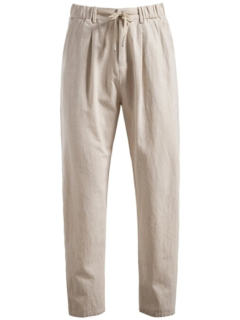 Pleated linen drawstring trousers in beige with a relaxed fit and casual style.