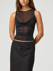 Black sheer ruched tank top with cowl neck and sleeveless design