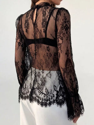 Black Lace Flounce Sleeve Top