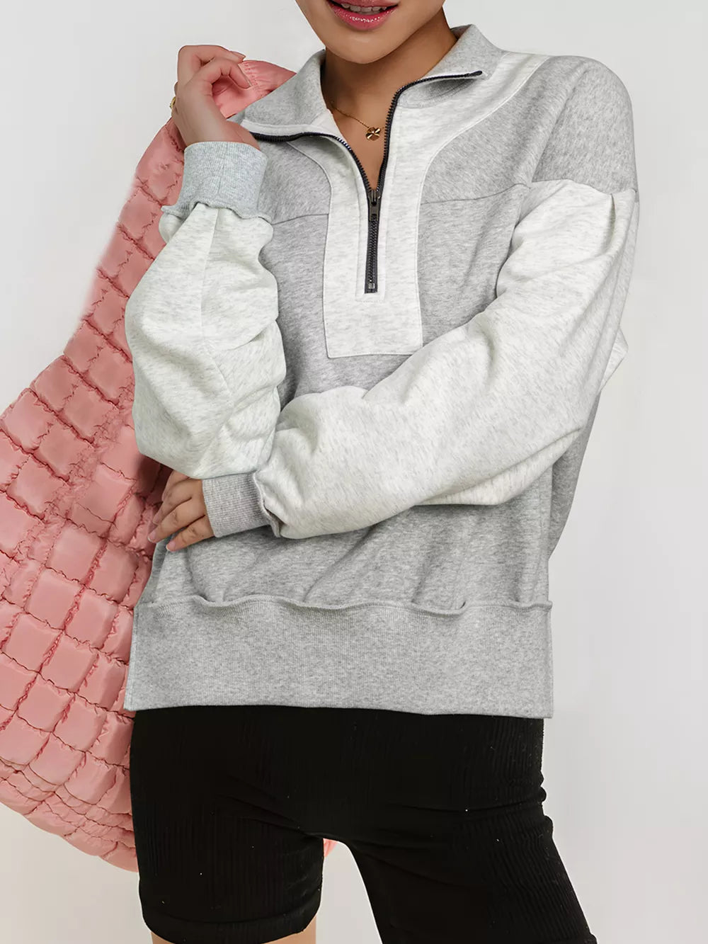 Light Gray Half Zipper Collared Drop Shoulder Sweatshirt
